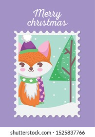 fox with hat and scarf tree merry christmas stamp vector illustration