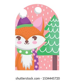 fox with hat and scarf tree snow merry christmas tag vector illustration