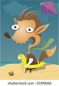 Fox having fun on the beach with a kite