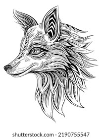 Fox head in abstract ornament. Drawn wild animal with beautiful patterns in form of leaves, lines and waves. Design element for tattoo, coloring book or logo. Cartoon hand drawn vector illustration