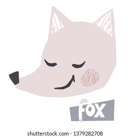 Fox head baby cute print. Sweet animal character face. Cool illustration for nursery poster, t-shirt, kids apparel, baby party invitation. Simple child design