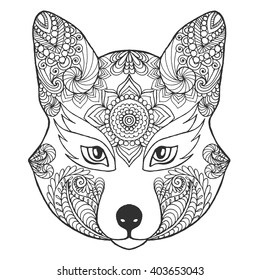 Fox head. Black white hand drawn doodle animal. Ethnic patterned vector illustration. African, indian, totem, tribal, zentangle design. Sketch for coloring page, tattoo, poster, print, t-shirt