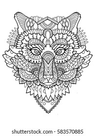 Dibujo vectorial dibujado a mano en el libro de colorear la cabeza de Fox. Lápiz de tatuaje. Líneas en blanco y negro. Patrón de encaje