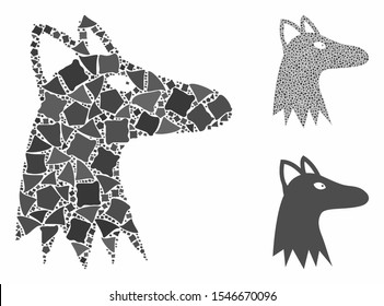 Fox head composition of rugged parts in variable sizes and color tones, based on fox head icon. Vector uneven elements are united into composition. Fox head icons collage with dotted pattern.