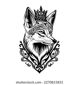 Fox Head with Crown Tribal Tattoo Logo for Cunning and Royalty Regal Slyness