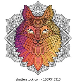 Fox head in detailed style. Zentangle fox. Vector pattern for tribal design. Geometric Ethnic motif with rhombus, triangles. Graphic style. Fox for print, web, textile, wrapping paper.