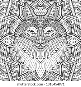 Fox head in detailed style. Zentangle fox. Vector pattern for tribal design. Geometric Ethnic motif with rhombus, triangles. Graphic style. Fox for print, web, textile, wrapping paper.