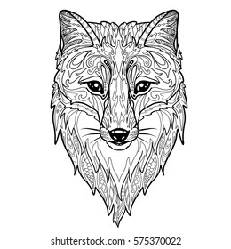 Fox head doodle coloring book page for adult. Ethnic animal vector illustration for tattoo, poster, postcard or t-shirt print.