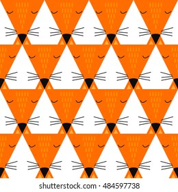 Fox head geometric seamless pattern. Vector background in cartoon