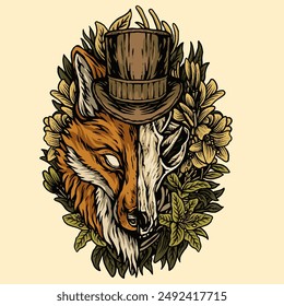 fox head with half skull vintage vector illustration, this illustration can be used for t-shirt design, sticker, and other merchandise