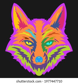 Fox head in hand drawn sketch color style isolated on black background. Modern pop art graphic design element for label or poster. Vector art illustration.