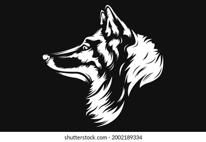 Fox head hunting logo.Vintage portrait of black fox on white background for decoration design.