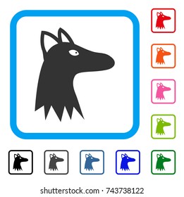 Fox Head icon. Flat grey iconic symbol in a blue rounded rectangle. Black, gray, green, blue, red, orange color variants of Fox Head vector. Designed for web and app interfaces.