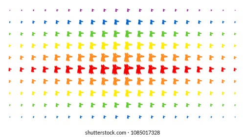 Fox head icon rainbow colored halftone pattern. Vector fox head objects are arranged into halftone array with vertical spectral gradient. Designed for backgrounds, covers,