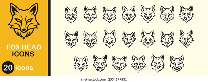 Fox head icon set. Creative drawing emblem cute vector illustration. Cartoon face sign animals and wild design foxy style. Mascot zoo animals and simple business shape