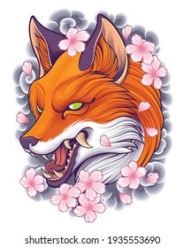 Fox Head Illustration with Japanese Tattoo Art Background