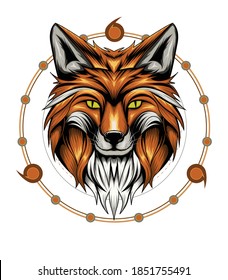 Fox head illustration with sacred geometry background.