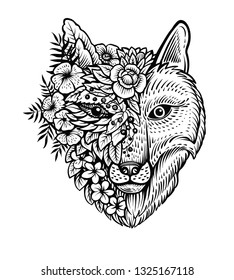 Fox head line art, vector illustration. Double exposure with fox and flowers, decorative concept. Poster, card or t shirt design.