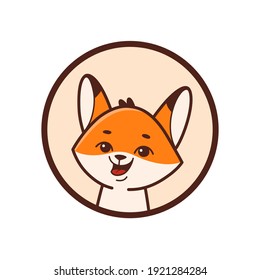 Fox head logo, cute kind character. Vector illustration in cartoon style.