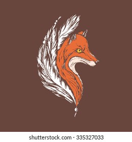 Fox head logo and feathers painted in a retro style
