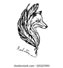 Fox head logo and feathers painted in a retro style