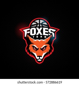 Fox head mascot for a basketball team on a dark background with hotspots. Vector illustration.