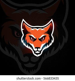 Fox head mascot for a sport team on a dark background. Vector illustration.