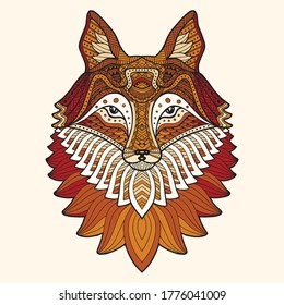 Fox. The head and neck of the animal are made by hand in the ethnic style of Zentangle, Doodle. Red, red, white colors of fox heads. Black outline on a white background.