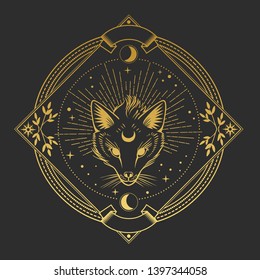 Fox head on black background. Vector hand drawn llustration in boho style