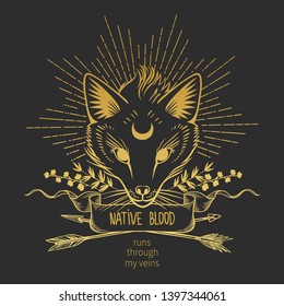 Fox head on black background. Vector hand drawn llustration in boho style