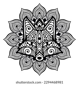 Fox head on Mandala. Vector illustration. Flower Ethnic drawing. Decorative Fox animal in Zen boho style. Boho, hippie for decoration