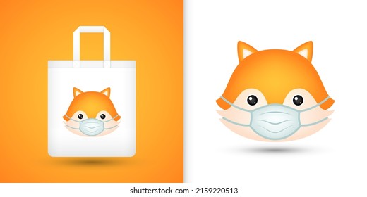 Fox head on white tote bag