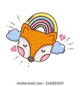 fox head with rainbow clouds and hearts