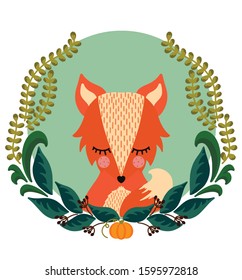 Fox head in round color frame with fir branches cones, pumpkin and berries. Vector illustration