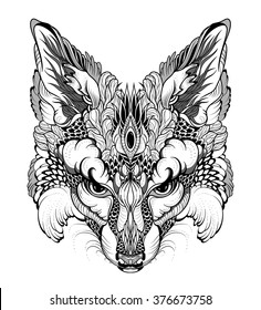 FOX head tattoo. psychedelic / zentangle style