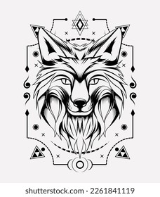 Fox head vector illustration with sacred geometry frame