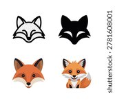 Fox head and wolf head icons, cute animal mask style, warm cool color variations, wildlife logo pack, sticker design