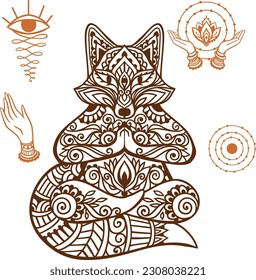 Fox head Yoga poseVector illustration. Flower Ethnic drawing. Decorative Fox animal in Zen boho style. Boho, hippie for decoration