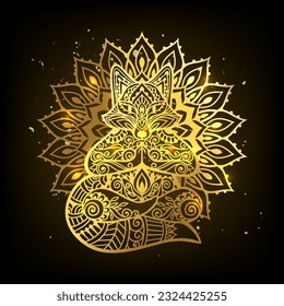 Fox head Yoga poseVector illustration. Flower Ethnic drawing. Decorative Fox animal in Zen boho style. Boho, hippie for decoration