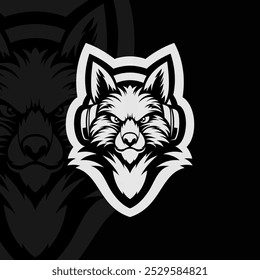 Fox com fone de ouvido mascote animal esport ilustração logotipo design, preto branco