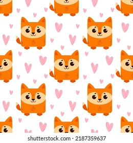 Fox with hearts. Pattern with cute cartoon animals. Kawaii children's print with pets. Vector illustration for fabric, paper, wallpaper, packaging