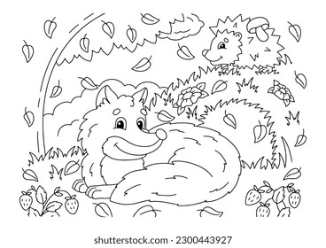 Fox y hedgehog en un bosque. Colorando la página del libro para los niños. Caricatura de estilo. Ilustración vectorial aislada en fondo blanco.