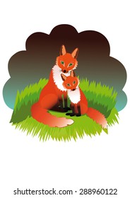 Fox with her cub sits on a green lawn.