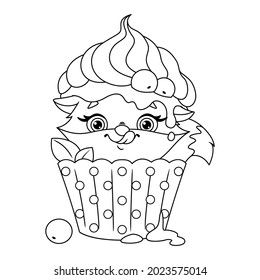 Fox hiding in cupcake Coloring Page. Outline vector cartoon illustration