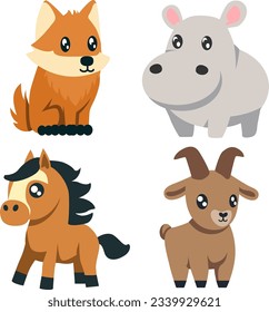 Fox, hippopotamus, Horse, Goat, Cute Animal Bundle Vector illustration Collection