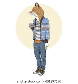 fox hipster with coffee, furry art illustration, fashion animal