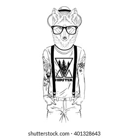 fox hipster with tattoo, furry art illustration, fashion animal