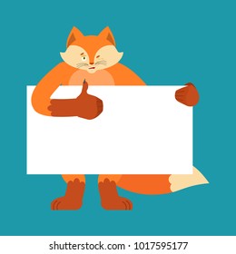 Fox holding banner blank. Beast and white blank. She-fox thumb up and winks joyful emotion. place for text. Vector illustration