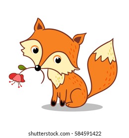 Fox is holding a flower in his mouth. Vector illustration of forest animals in the children's style. Cute fox on a white background.