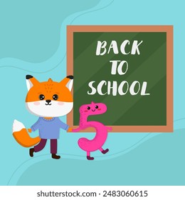 A fox holding the number five by the hand against a school chalkboard. Back to school. Cute kawaii animal. Vector flat illustration.